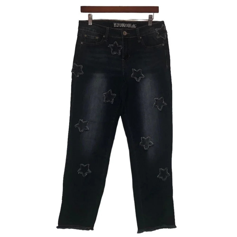 Hydraulic Sz 8 Women's "Nolita" Stars Curvy Straight Raw Hem Medium Wash Jeans
